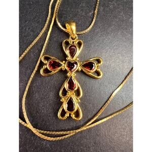 Vintage SETA Garnet Cross Pendant Necklace Gold Tone 24”